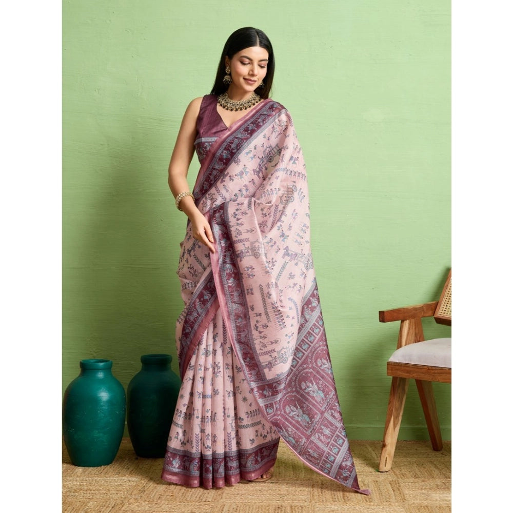 Women'S Silk Blend Printed Saree With Unstitched Blouse 5.5Mtr