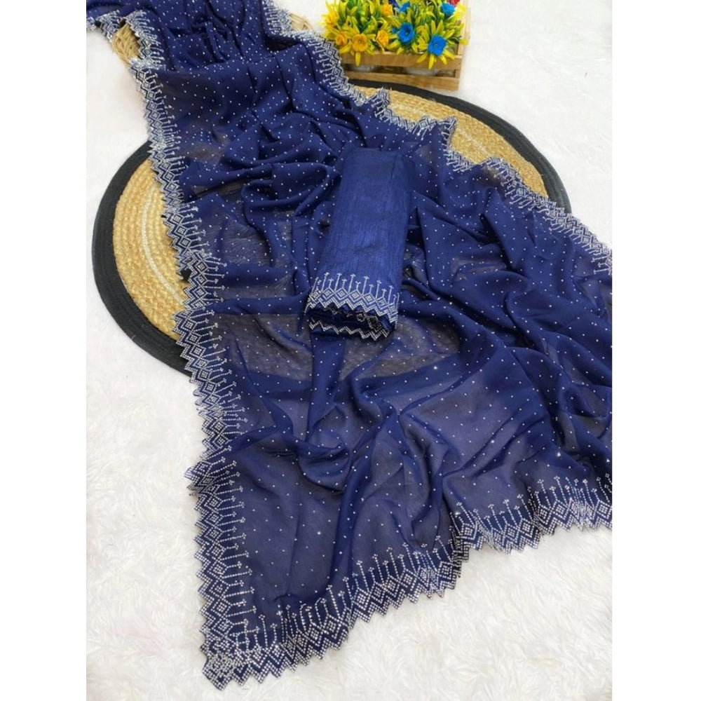 Women's Georgette Stone Work Saree With Unstitched Blouse 5.5Mtr (Blue) - VANSHELLE