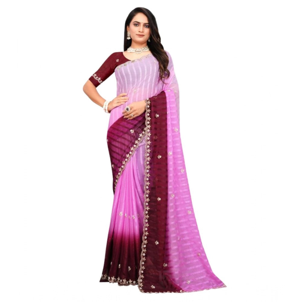 Women'S Chiffon Embroidred Saree With Unstitched Blouse 5.5Mtr