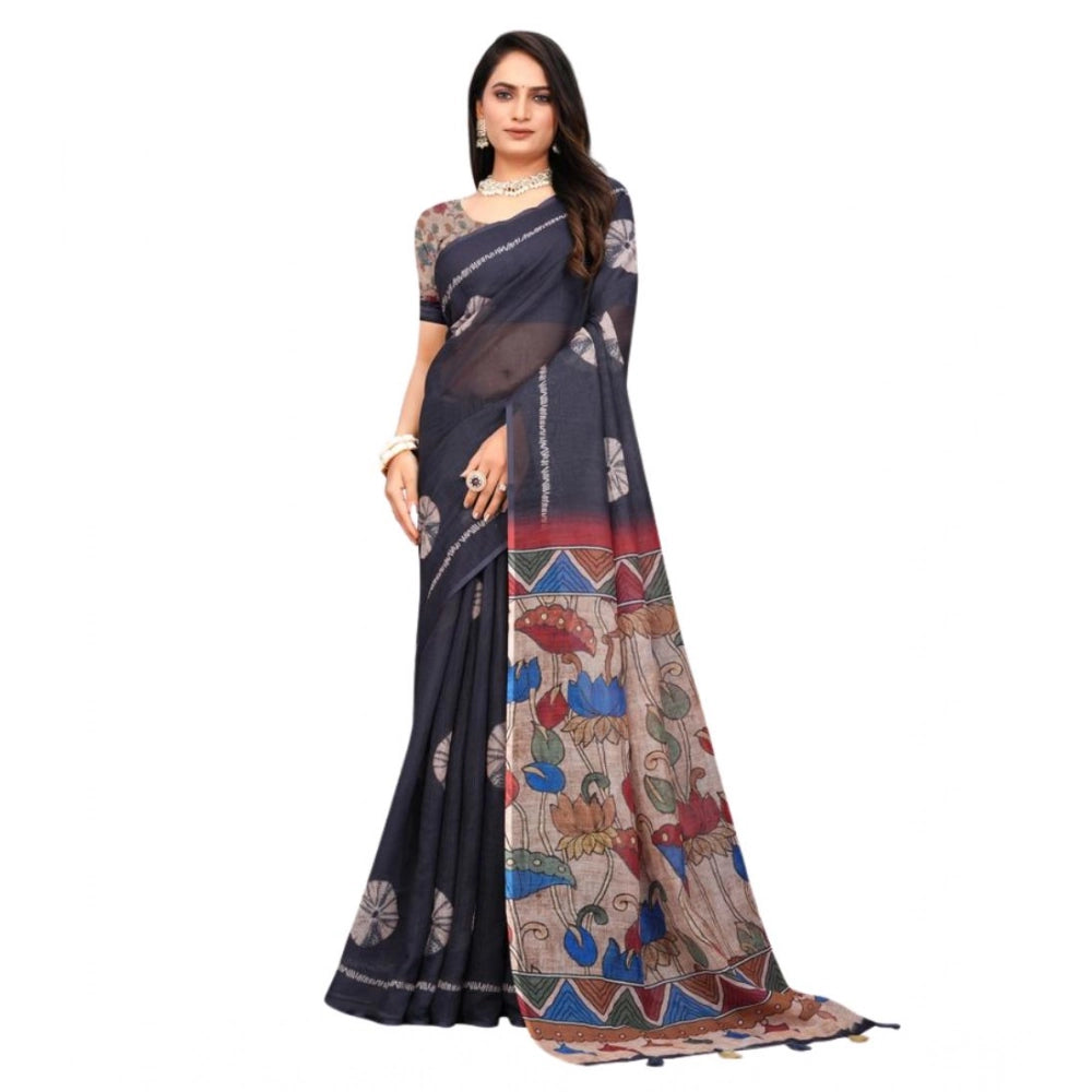 Women'S Linen Printed Saree With Unstitched Blouse 5.5Mtr (Bla