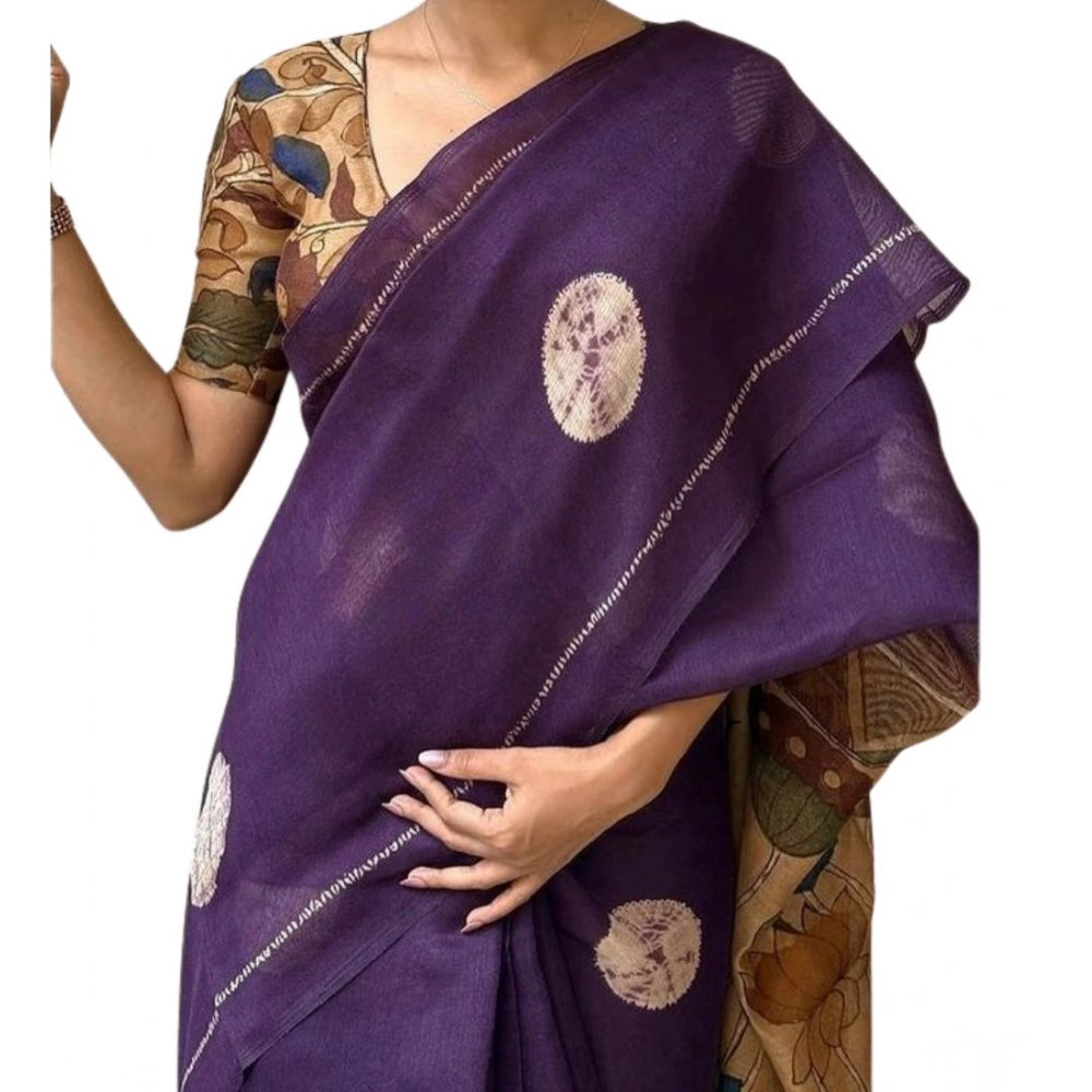 Women'S Linen Printed Saree With Unstitched Blouse 5.5Mtr (Pur