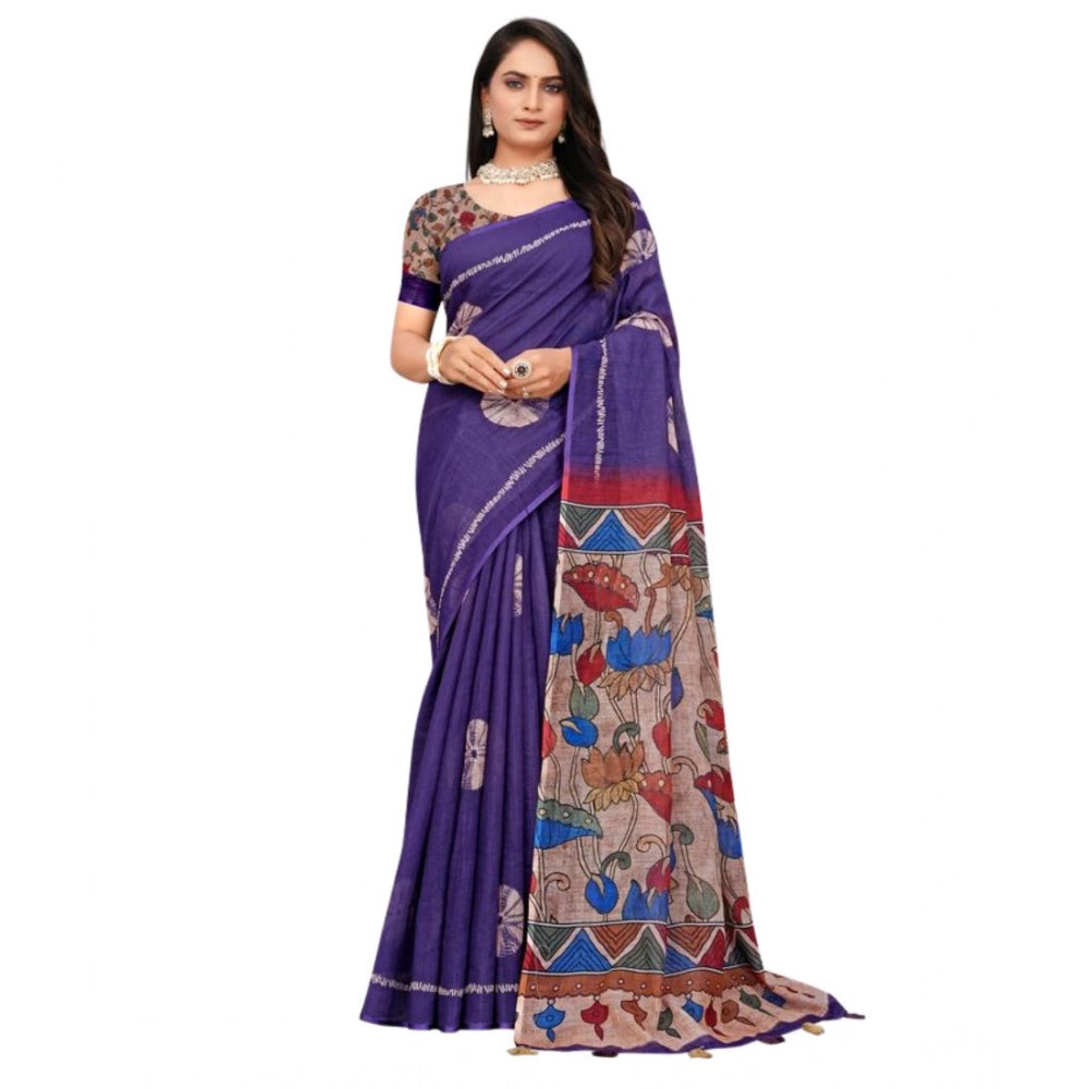 Women'S Linen Printed Saree With Unstitched Blouse 5.5Mtr (Pur