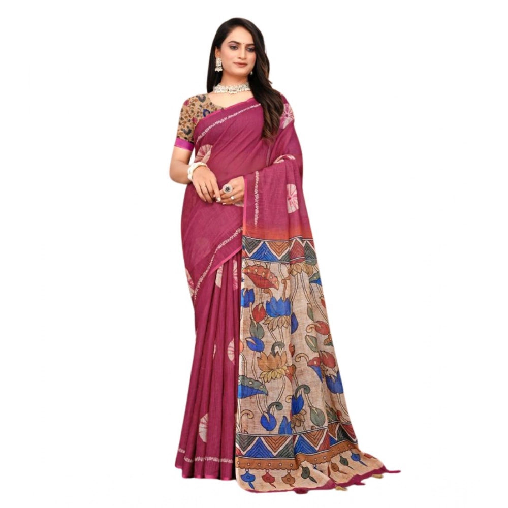 Women'S Linen Printed Saree With Unstitched Blouse 5.5Mtr (Pur