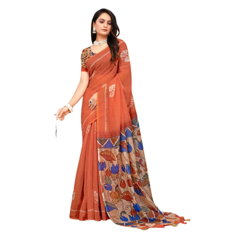 Women'S Linen Printed Saree With Unstitched Blouse 5.5Mtr (Red