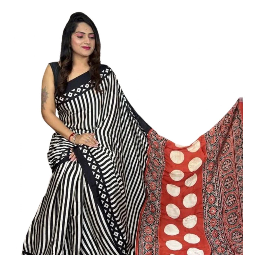 Women'S Satin Printed Saree With Unstitched Blouse 5.5Mtr (Bla