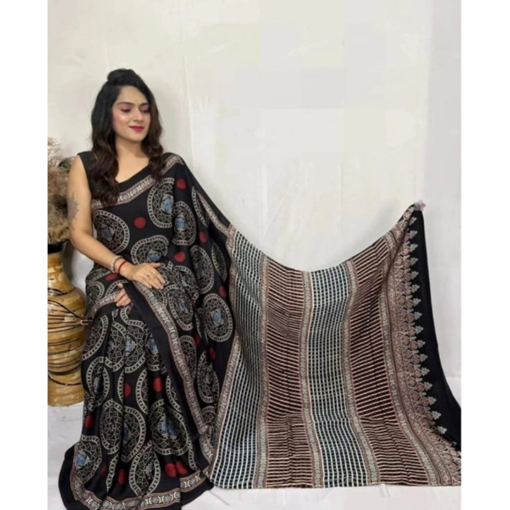 Women'S Satin Printed Saree With Unstitched Blouse 5.5Mtr (Bla