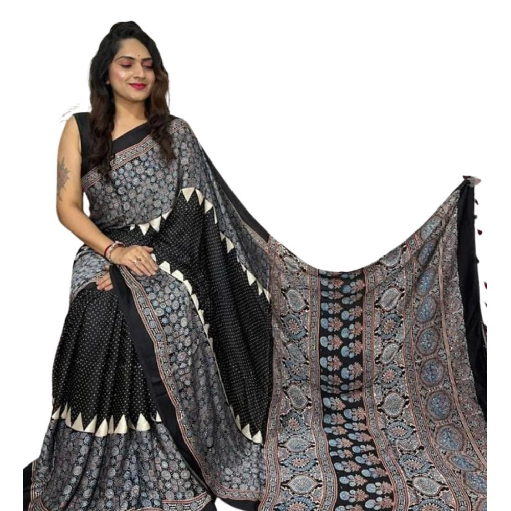 Women'S Satin Printed Saree With Unstitched Blouse 5.5Mtr (Bla