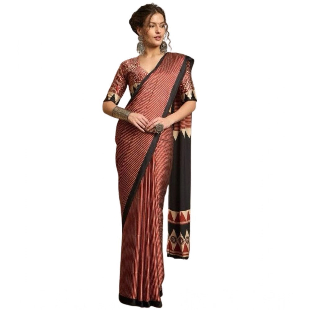 Women'S Satin Printed Saree With Unstitched Blouse 5.5Mtr (Bla