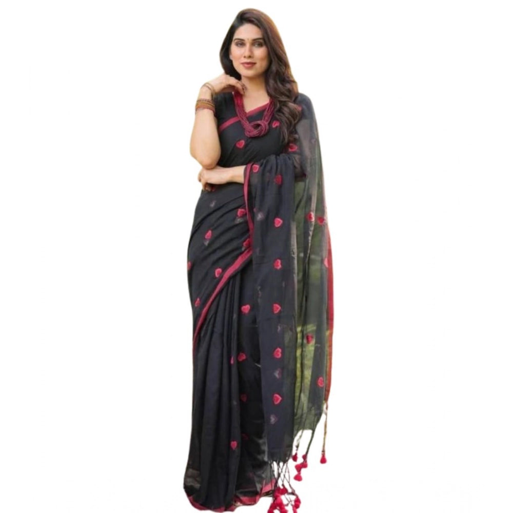 Women'S Linen Printed Saree With Unstitched Blouse 5.5Mtr (Bla