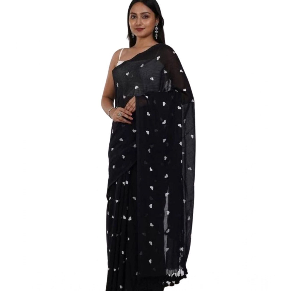 Women'S Linen Printed Saree With Unstitched Blouse 5.5Mtr (Bla