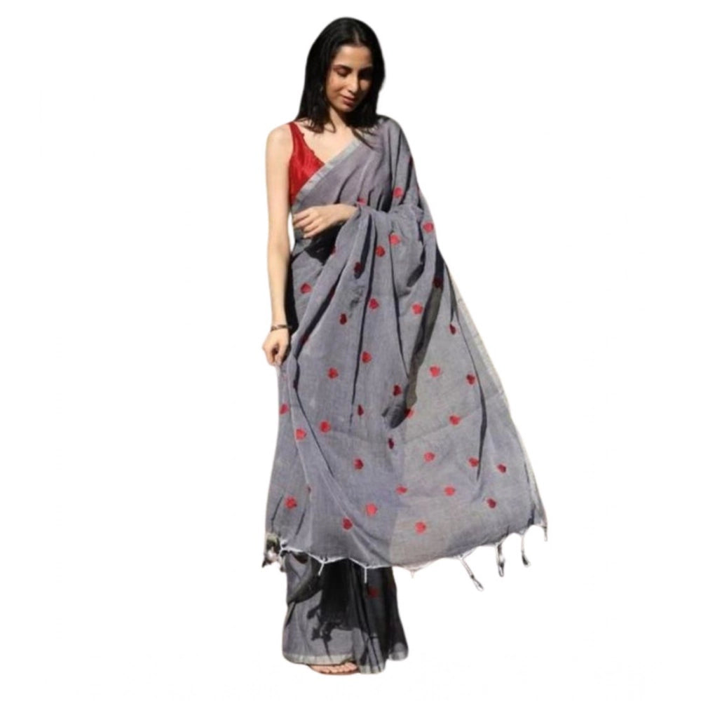 Women'S Linen Printed Saree With Unstitched Blouse 5.5Mtr (Gre