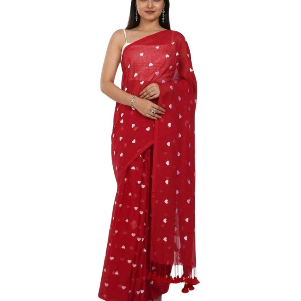 Women'S Linen Printed Saree With Unstitched Blouse 5.5Mtr (Red