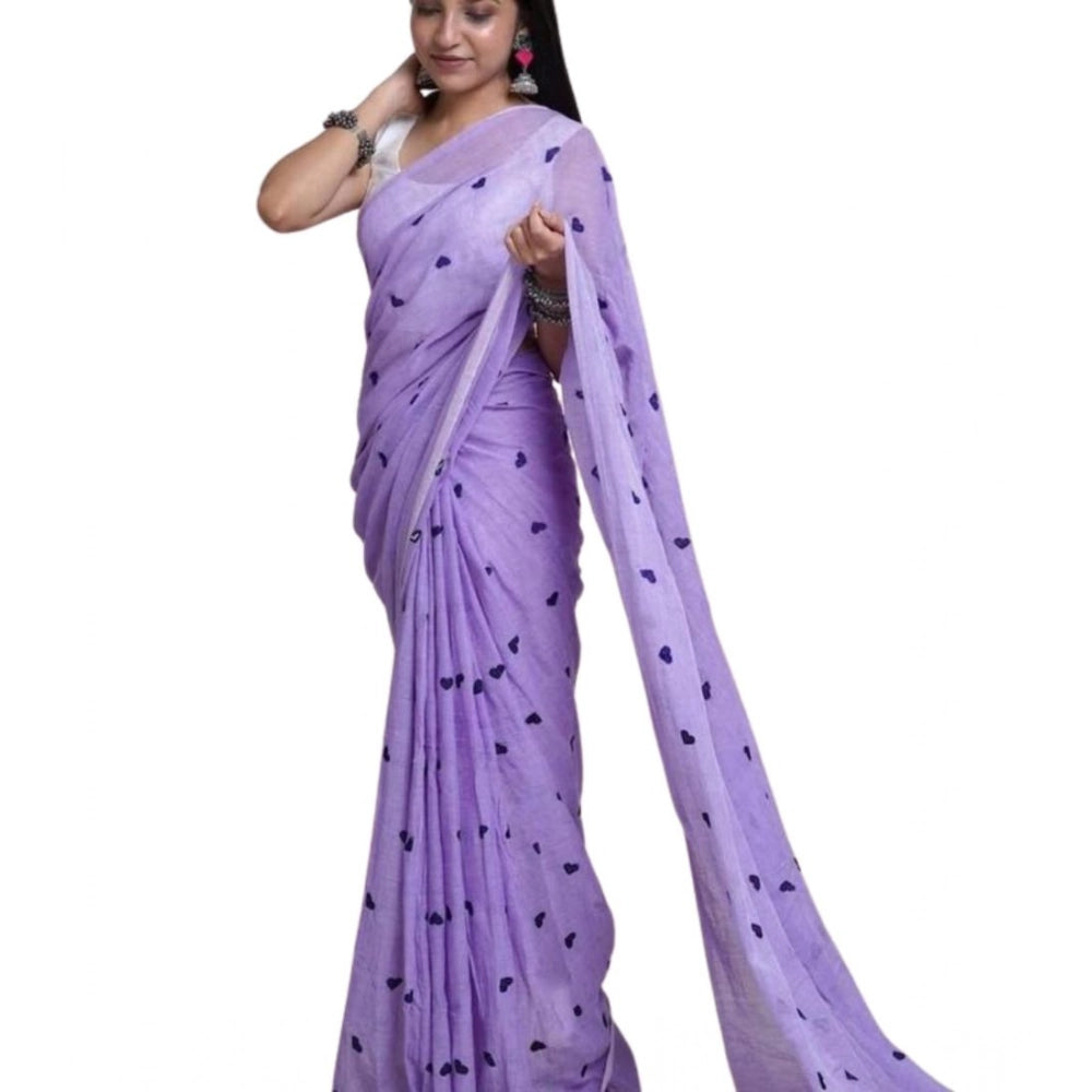 Women'S Linen Printed Saree With Unstitched Blouse 5.5Mtr (Pur