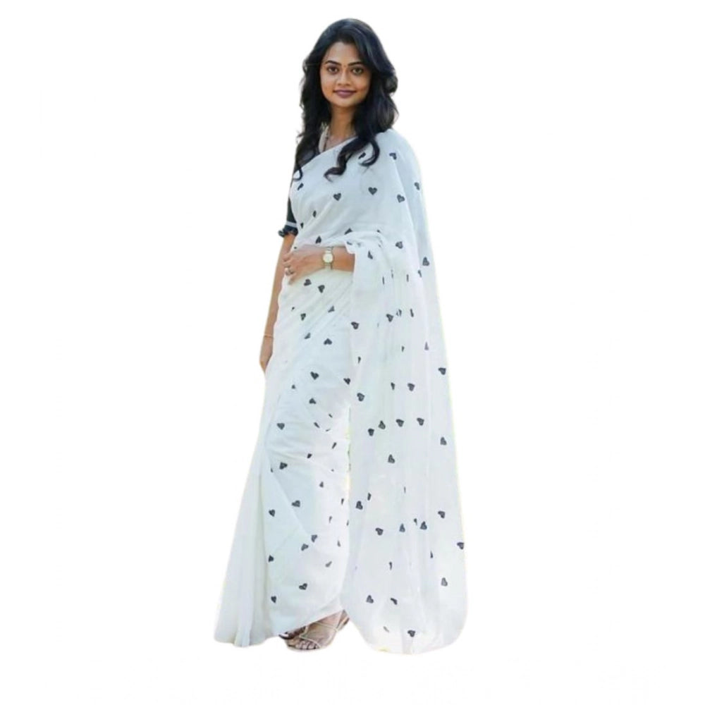 Women's Linen Printed Saree With Unstitched Blouse 5.5Mtr (White) - VANSHELLE