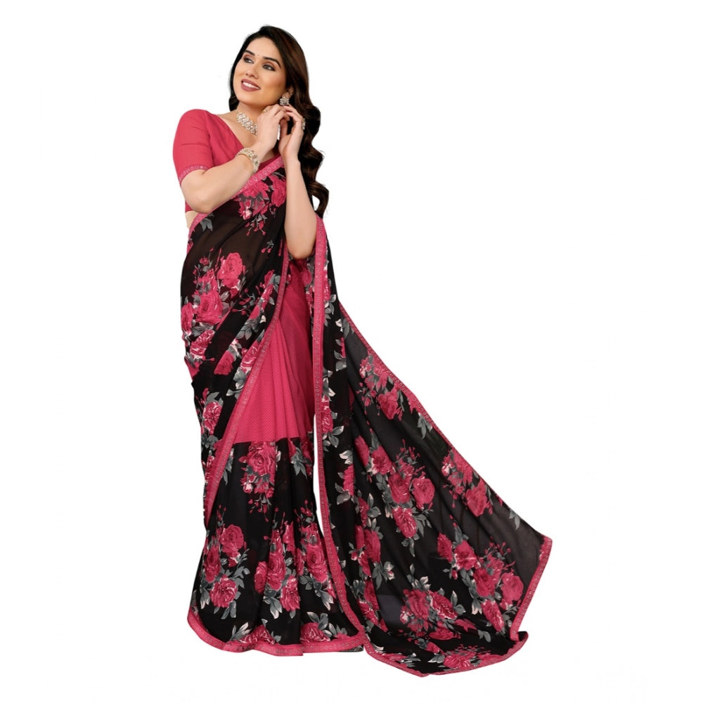 Women's Georgette Printed Saree With Unstitched Blouse 5.5Mtr (Pink) - VANSHELLE
