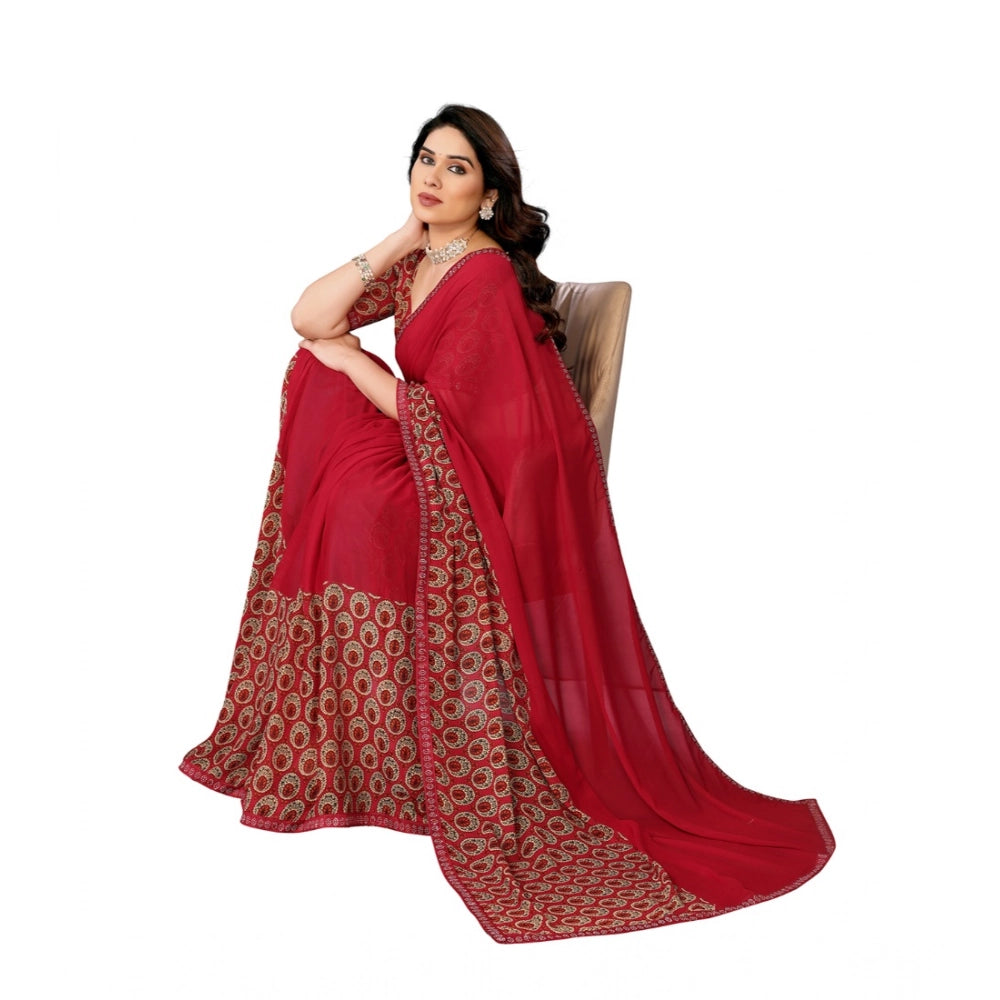 Women's Georgette Printed Saree With Unstitched Blouse 5.5Mtr - Red