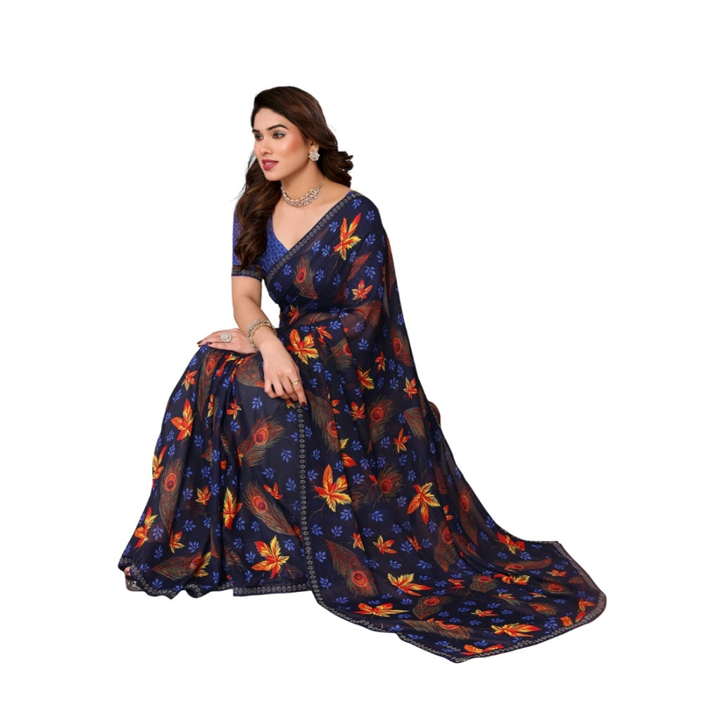 Women'S Georgette Printed Saree With Unstitched Blouse 5.5Mtr