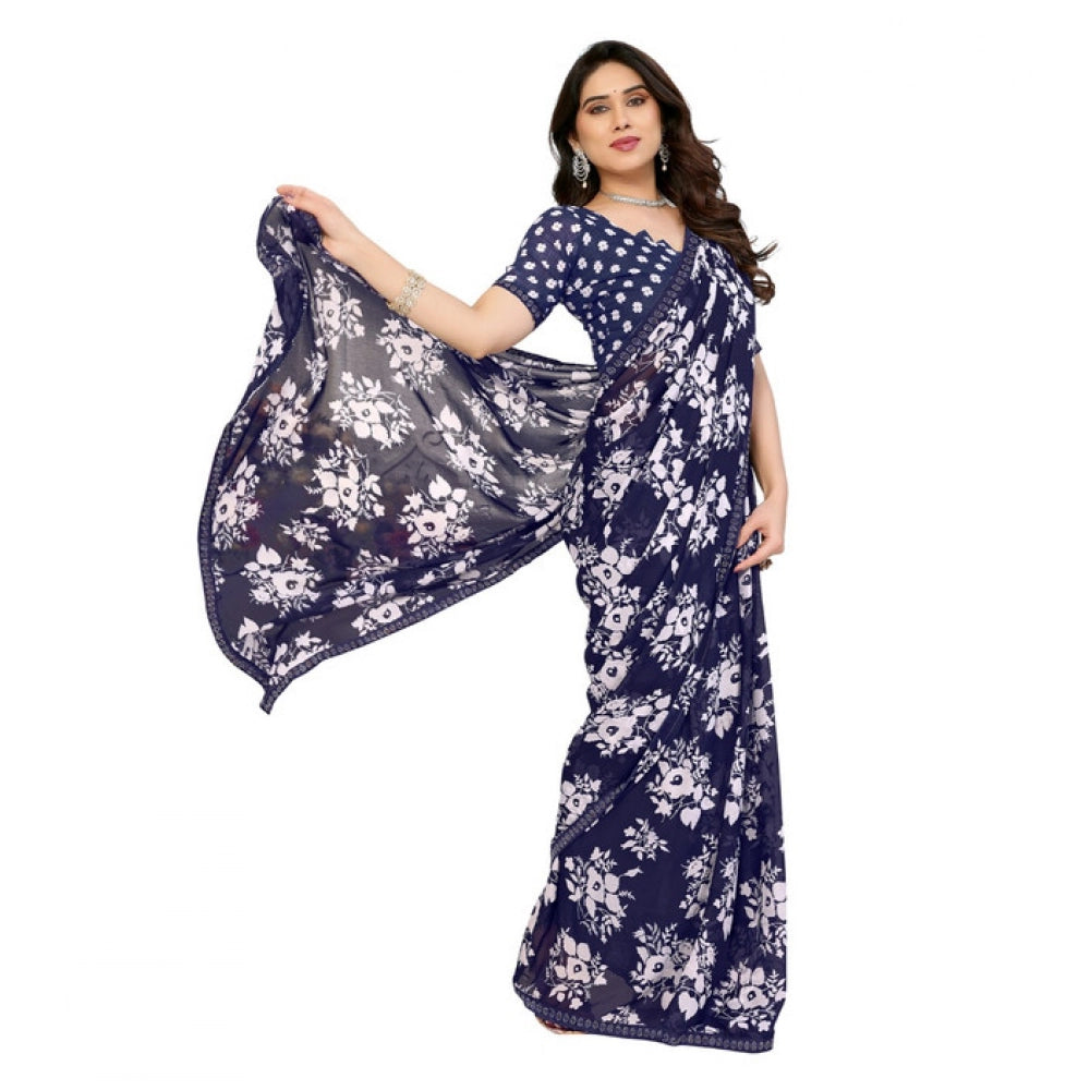 Women's Georgette Printed Saree With Unstitched Blouse 5.5Mtr (Navy Blue) - VANSHELLE