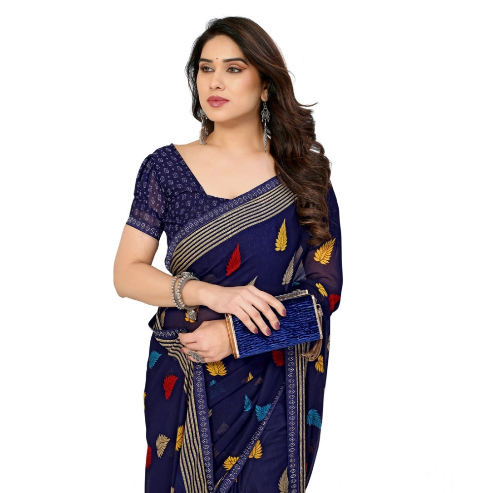 Women's Georgette Printed Saree With Unstitched Blouse 5.5Mtr (Navy Blue) - VANSHELLE