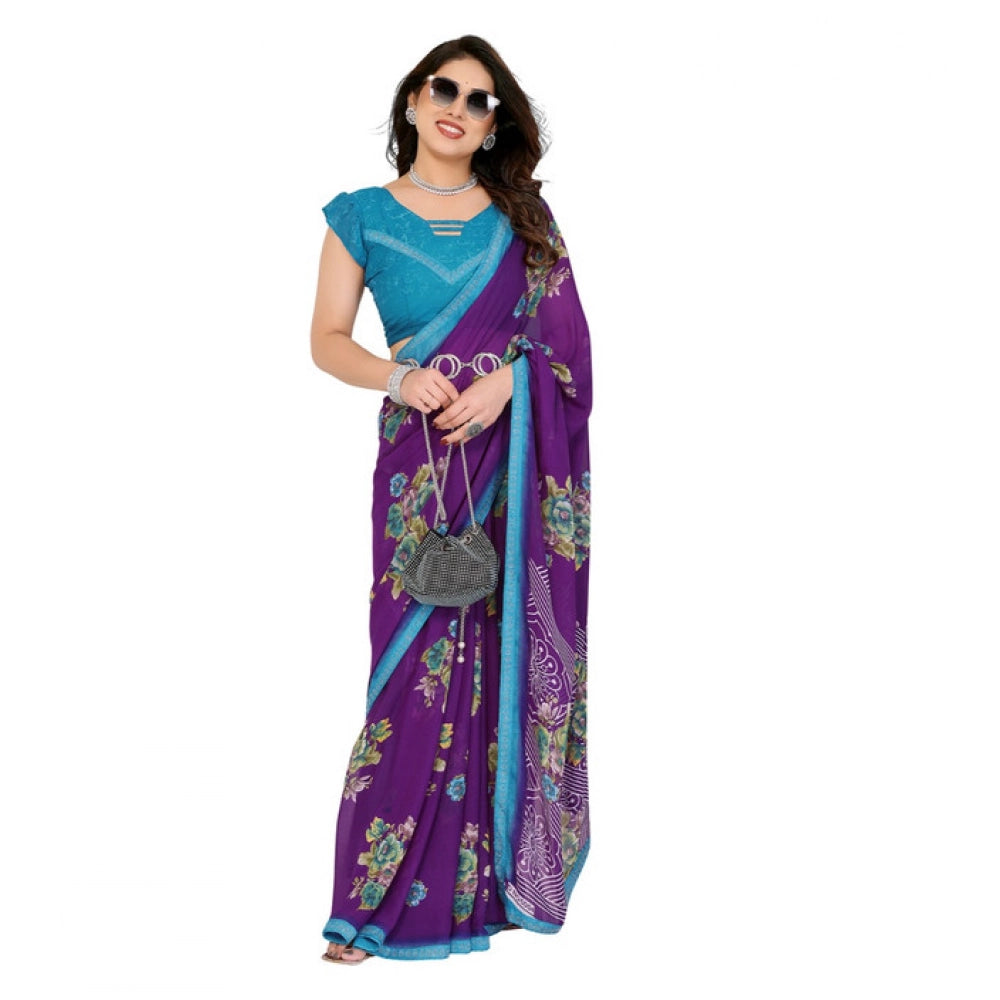 Women's Georgette Printed Saree With Unstitched Blouse 5.5Mtr (Purple) - VANSHELLE