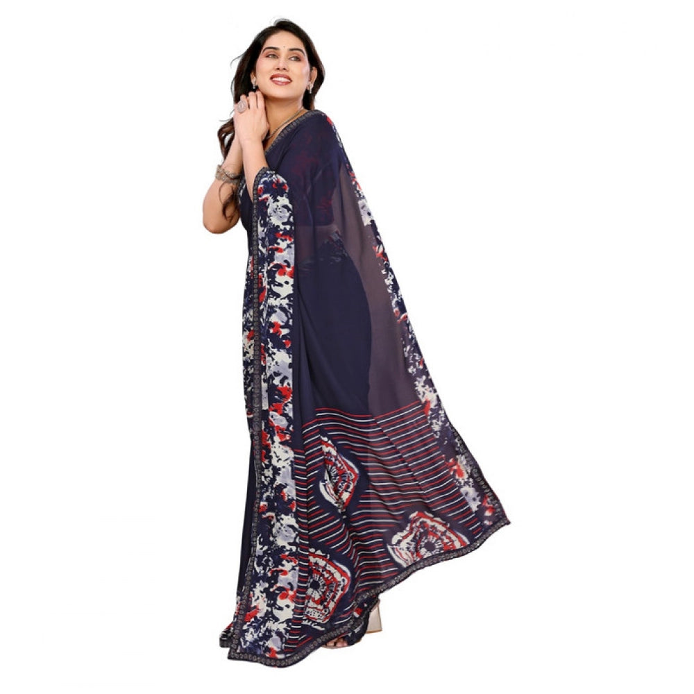 Women's Georgette Printed Saree With Unstitched Blouse 5.5Mtr (Navy Blue) - VANSHELLE
