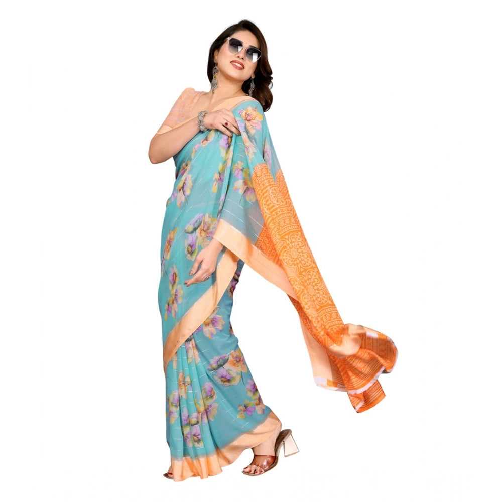 Women's Georgette Printed Saree With Unstitched Blouse 5.5Mtr (Light Blue) - VANSHELLE