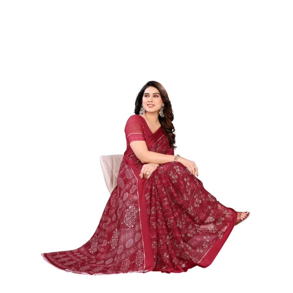 Women's Georgette Printed Saree With Unstitched Blouse 5.5Mtr (Red) - VANSHELLE