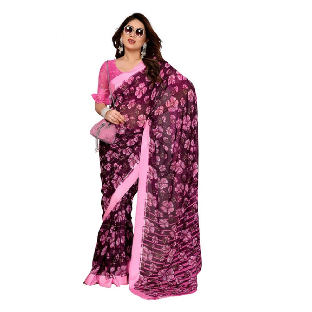 Women's Georgette Printed Saree With Unstitched Blouse 5.5Mtr (Pink) - VANSHELLE