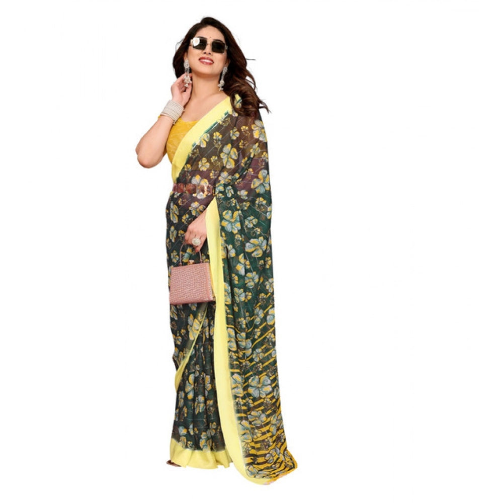 Women's Georgette Printed Saree With Unstitched Blouse 5.5Mtr (Green) - VANSHELLE