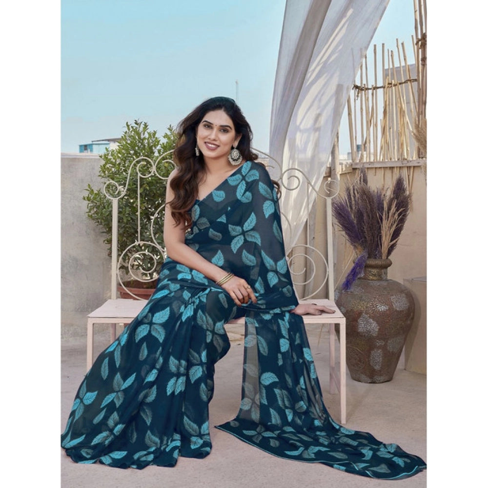 Women'S Chiffon Printed Saree With Unstitched Blouse 5.5Mtr (B