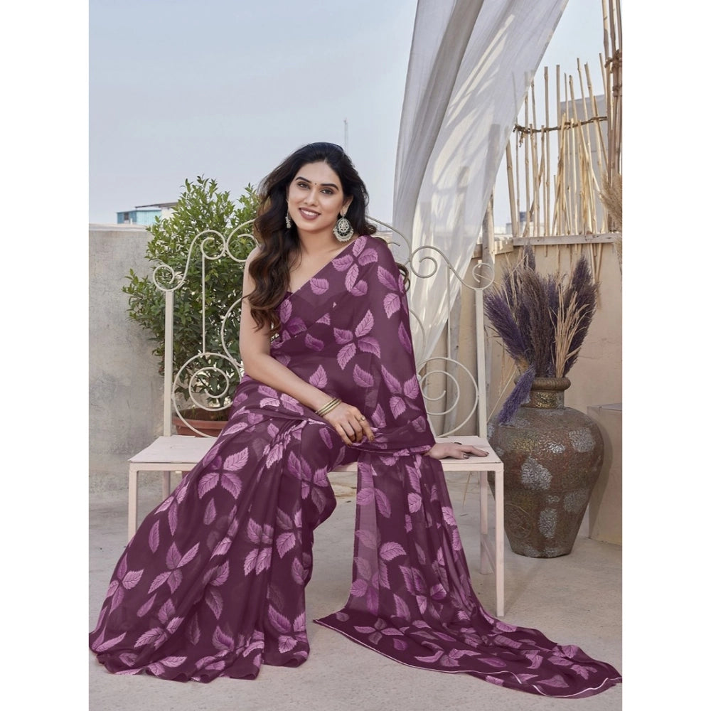 Women'S Chiffon Printed Saree With Unstitched Blouse 5.5Mtr (P