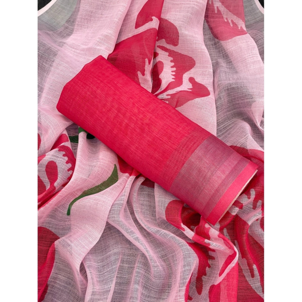 Women's Linen Cotton Printed Saree With Unstitched Blouse 5.5Mtr (Pink)