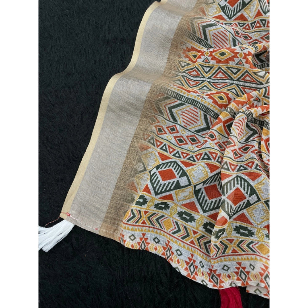 Women'S Linen Cotton Printed Saree With Unstitched Blouse 5.5M