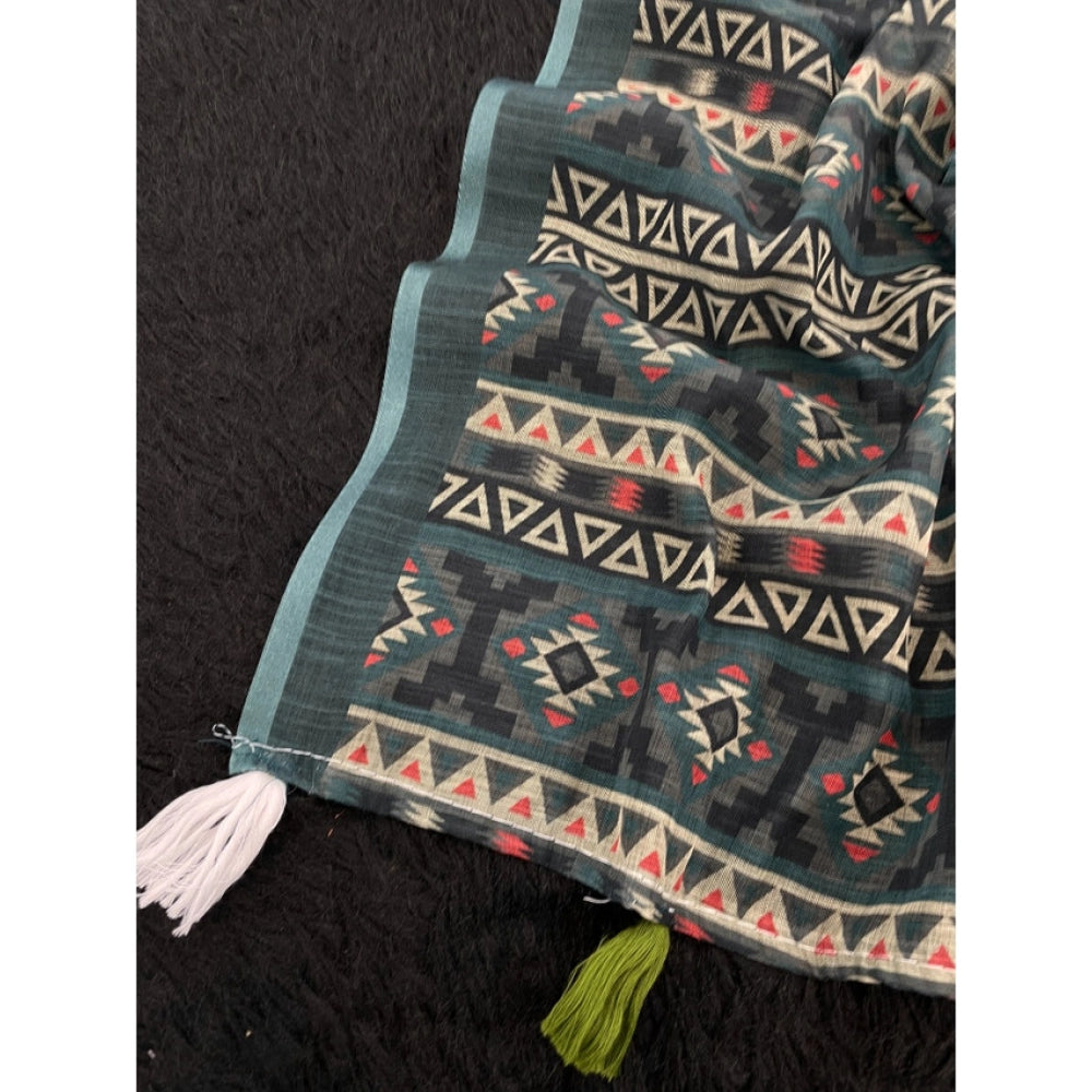 Women'S Linen Cotton Printed Saree With Unstitched Blouse 5.5M