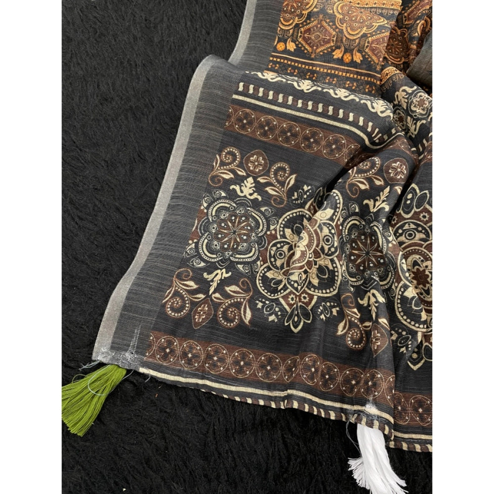 Women'S Linen Cotton Printed Saree With Unstitched Blouse 5.5M