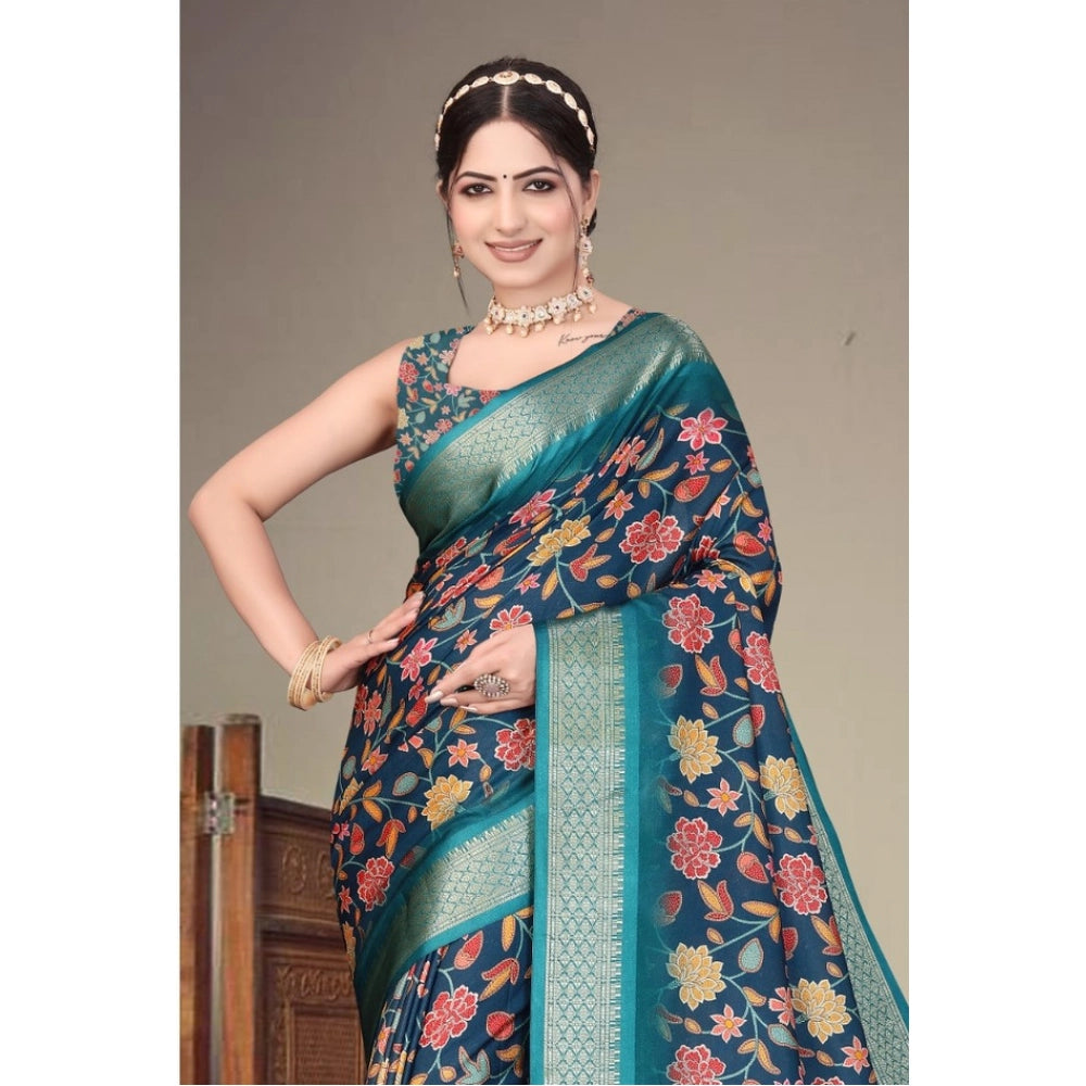 Women'S Cotton Silk Printed Saree With Unstitched Blouse 5.5Mt
