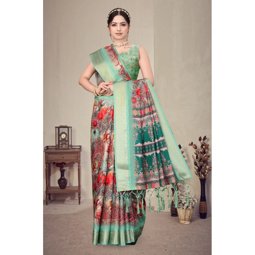 Women'S Cotton Silk Printed Saree With Unstitched Blouse 5.5Mt