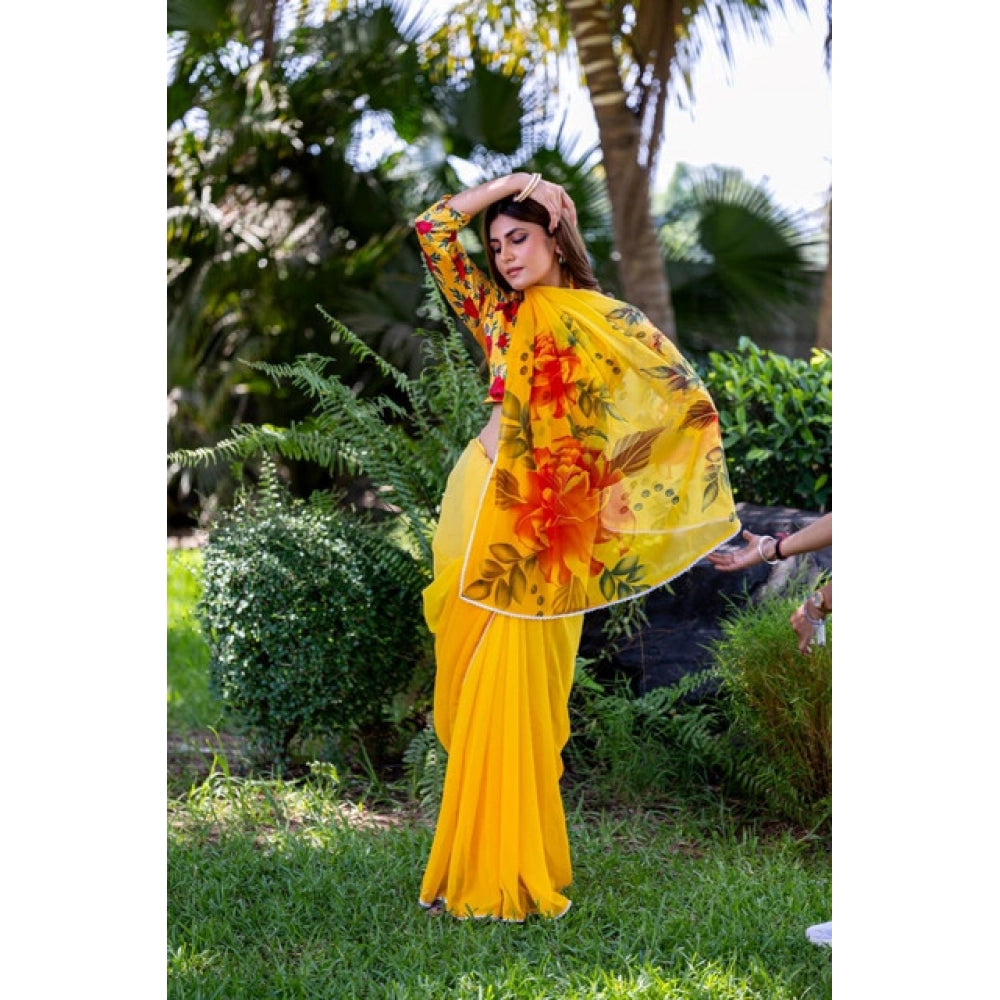 Women'S Georgette Printed Saree With Unstitched Blouse 5.5Mtr