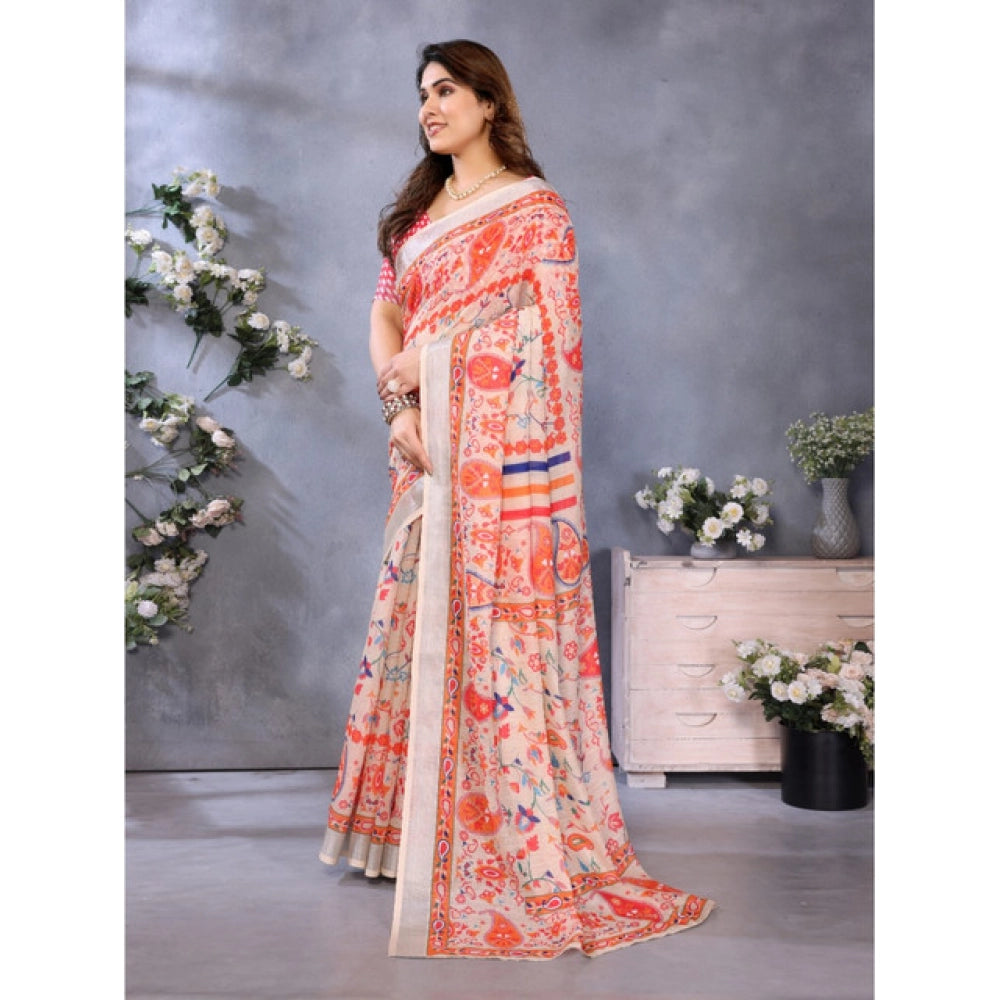 Women'S Linen Cotton Printed Saree With Unstitched Blouse 5.5M