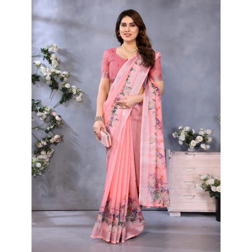 Women'S Linen Cotton Printed Saree With Unstitched Blouse 5.5M