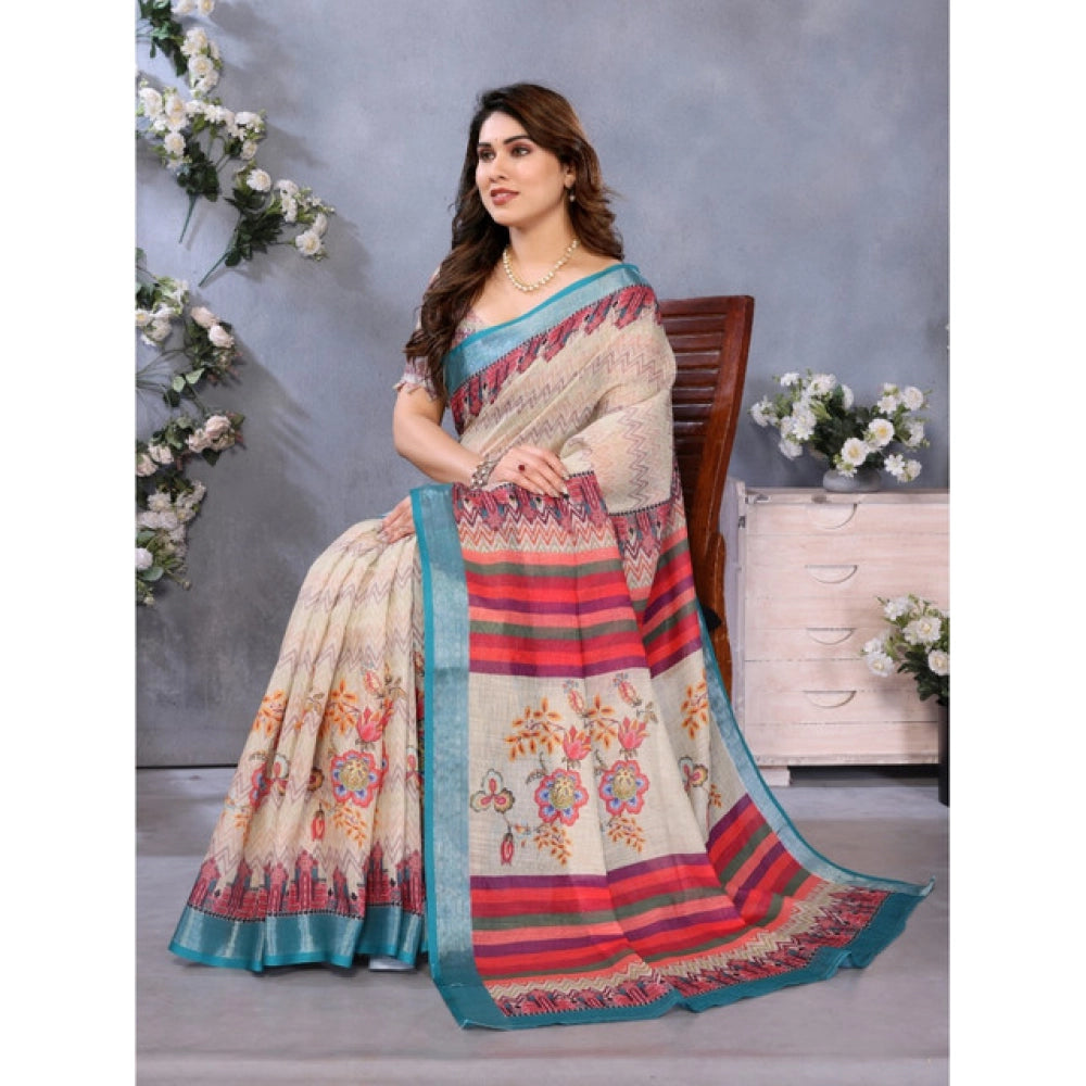 Women'S Linen Cotton Printed Saree With Unstitched Blouse 5.5M