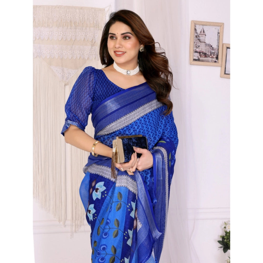 Women'S Linen Cotton Printed Saree With Unstitched Blouse 5.5M