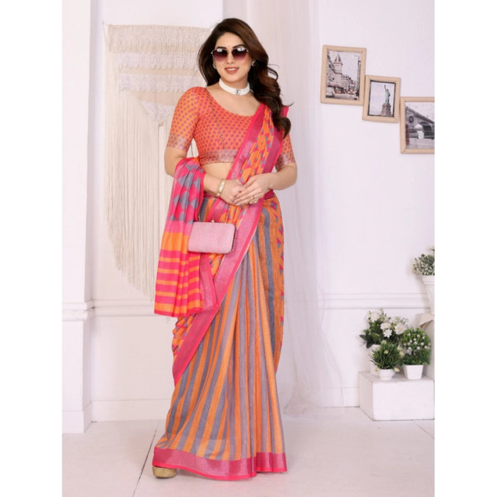 Women'S Linen Cotton Printed Saree With Unstitched Blouse 5.5M