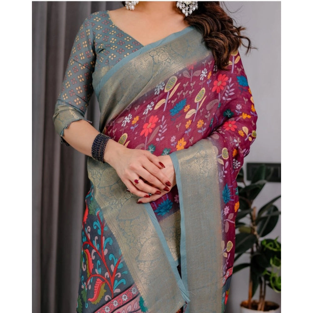 Women'S Linen Printed Saree With Unstitched Blouse 5.5Mtr (Pur