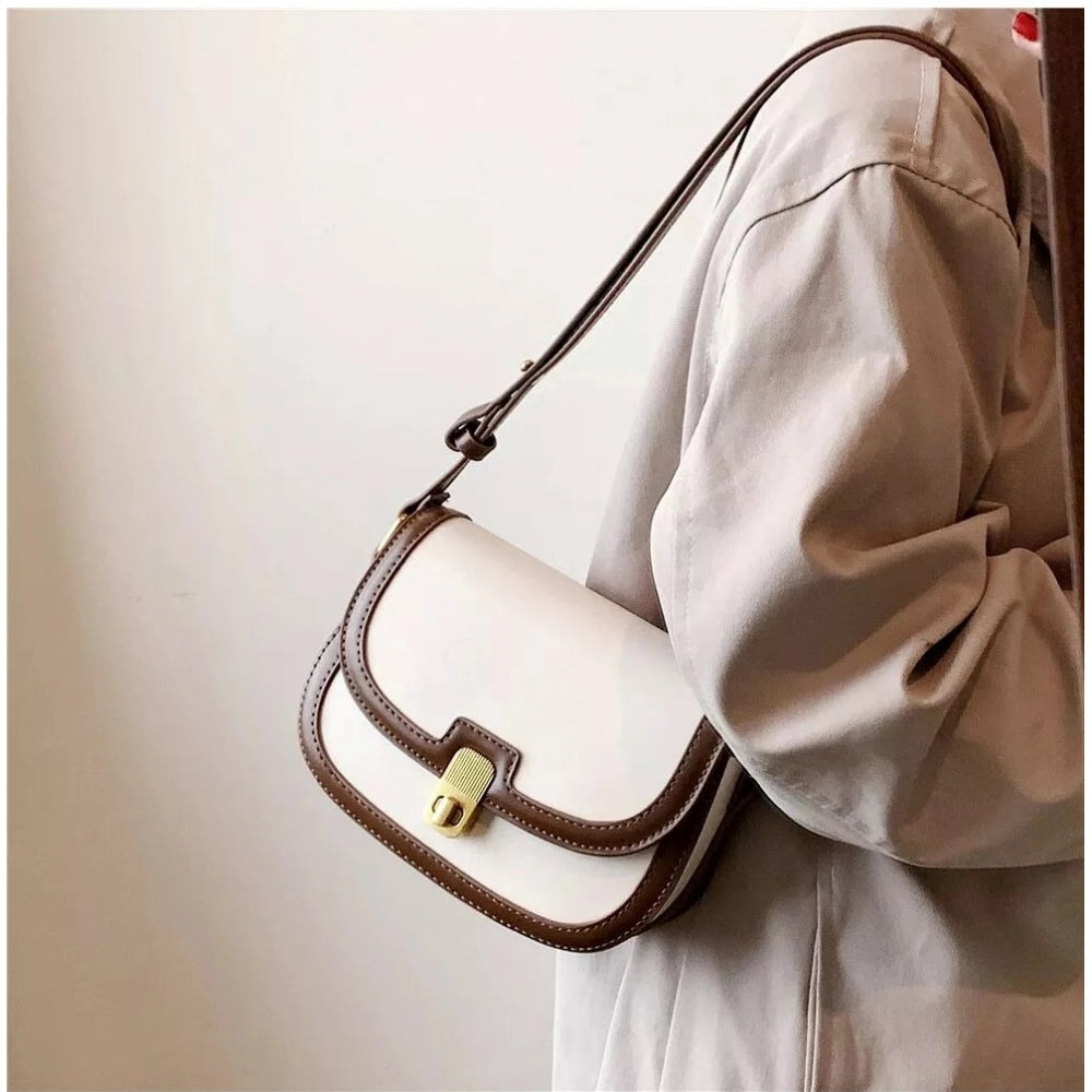 Women'S Pu Leather Zipper Sling Bag (Beige)