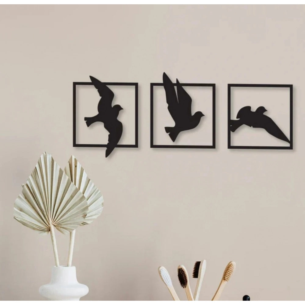Birds In Frame Wooden Wall Decor – Set Of 3 Panels (Black)