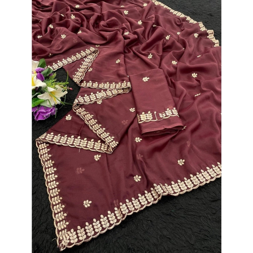 Women'S Georgette Embroidered Saree With Unstitched Blouse 5.5