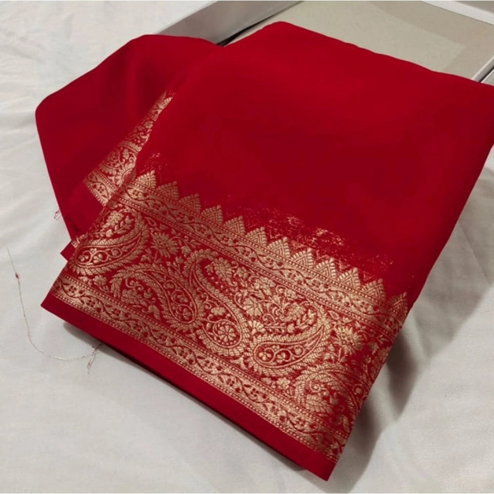 Women's Crepe Chit Pallu Solid Saree With Unstitched Blouse 5.5Mtr (Red) - VANSHELLE