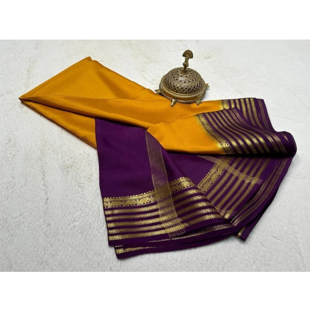 Women's Crepe Chit Pallu Solid Saree With Unstitched Blouse 5.5Mtr (Gold) - VANSHELLE