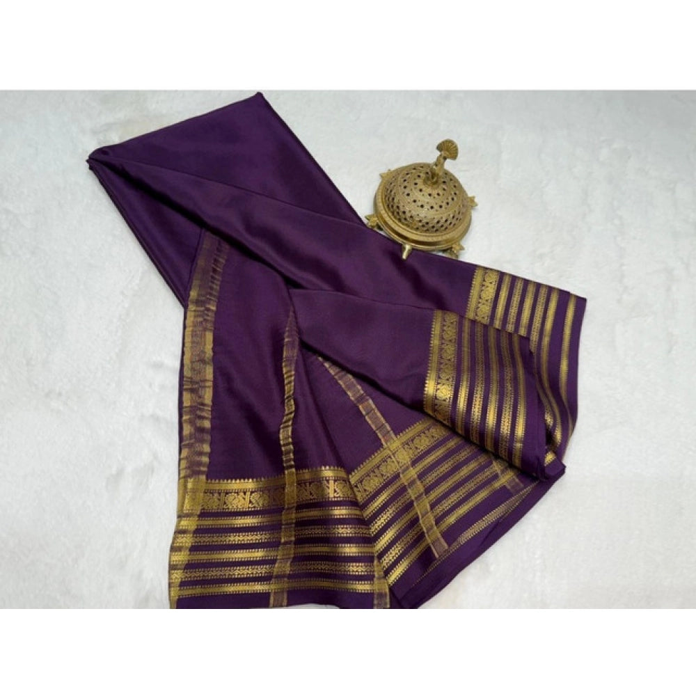 Women's Crepe Chit Pallu Solid Saree With Unstitched Blouse 5.5Mtr (Dark Purple) - VANSHELLE